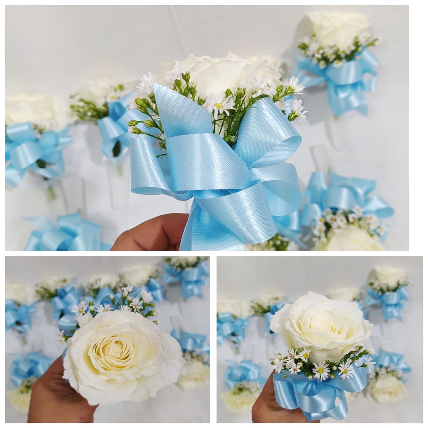 Light blue accent - white rose Boutonniere