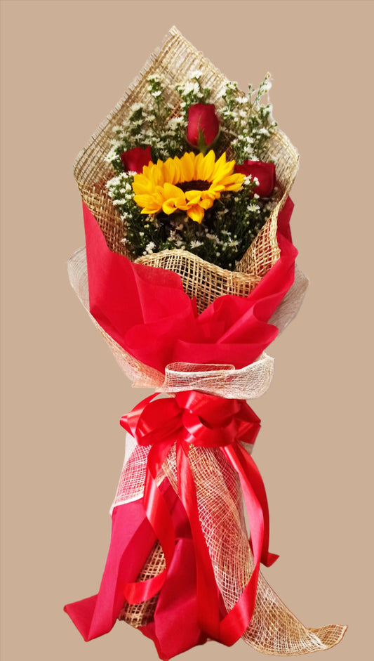 SUNFLOWER -  3 rose 1 center sunflower (red)