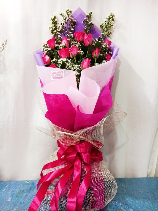 1 dozen - Fusha Pink Roses in purple accent